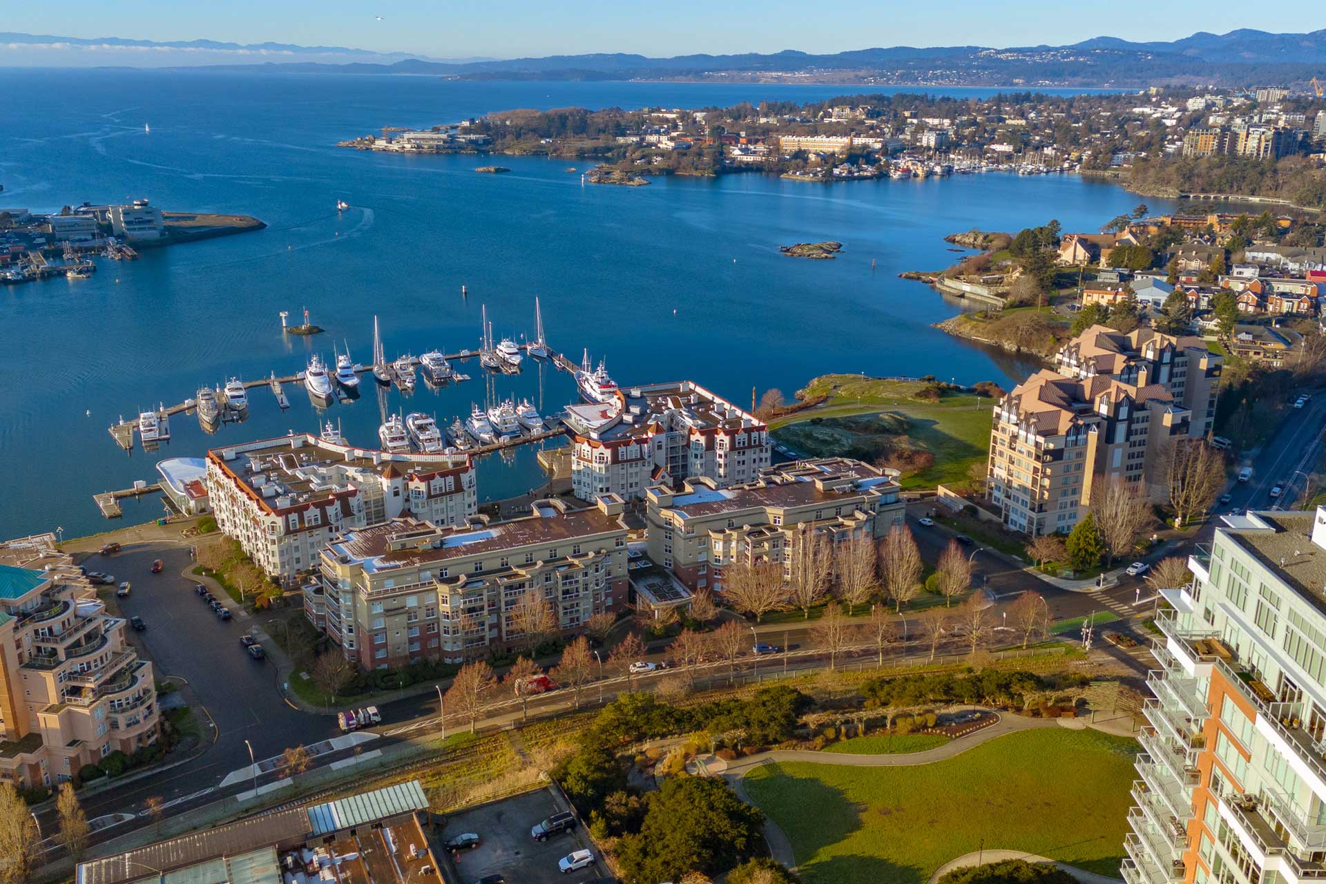 Aerial view of Victoria Inner Harbour and waterfront buildings